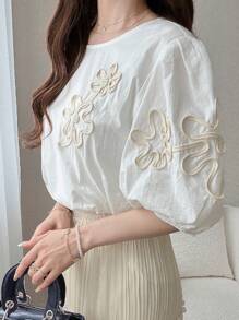 FRIFUL 女士刺绣灯笼袖宽松衬衫泡泡袖衬衫灯笼袖衬衫 3d 花朵上衣优雅女士衬衫优雅衬衫，返校服装 - 白色 - 查看 1