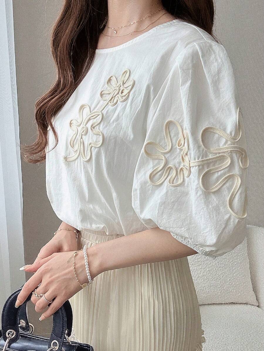 FRIFUL 女士刺绣灯笼袖宽松衬衫泡泡袖衬衫灯笼袖衬衫 3d 花朵上衣优雅女士衬衫优雅衬衫，返校服装 - 白色 - 查看 1