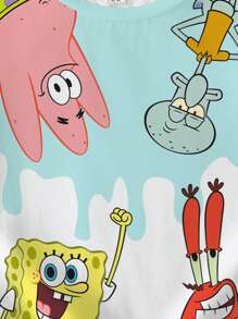 SpongeBob SquarePants X SHEIN Young Girl Cartoon Pattern Crew Neck Short Sleeve T-Shirt, Summer