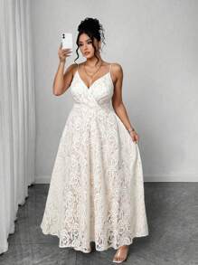 Elenzga 蕾丝A字型女式细肩带连衣裙，束腰超长款女装 - 杏色 - 查看 1