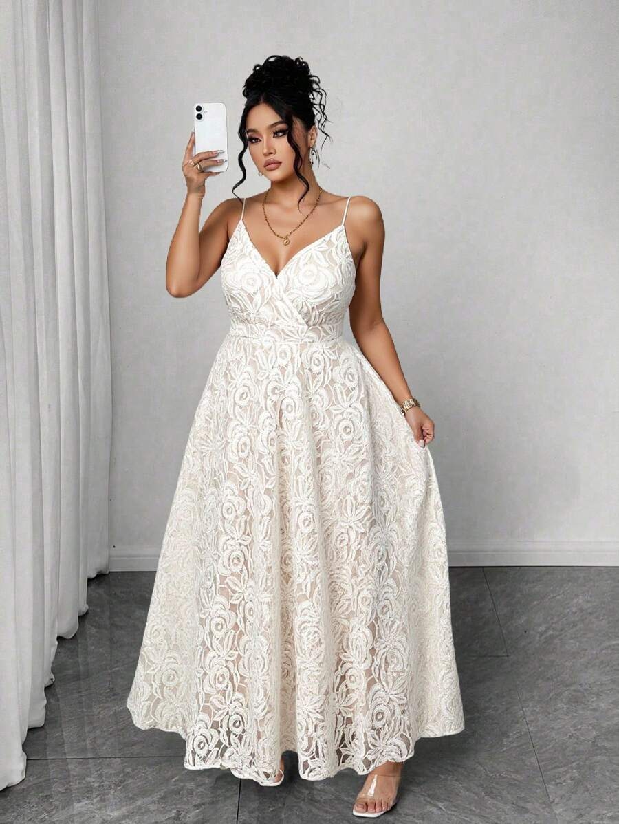 Elenzga 蕾丝A字型女式细肩带连衣裙，束腰超长款女装 - 杏色 - 查看 1