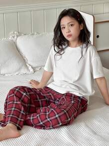 Dazy Kids 女童针织短袖T恤+格子长裤家居服套装，春夏 - 白色 - 查看 7