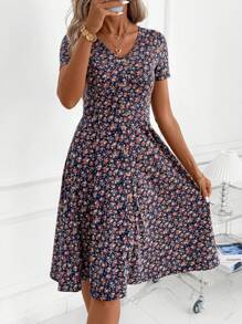 SHEIN Clasi Women's Casual Knitted Midi Dress With Flared Hem And V Neckline For Everyday Style