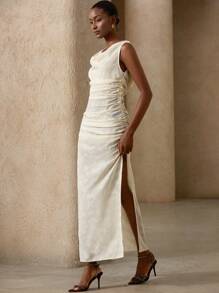 Aveloria Rosie Brown Cut-Out Front & Back V-Neck Fitted High Slit Sleeveless Midi Dress