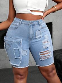 SHEIN SXY Plus Size Women Cowgirl Style Frayed Sexy Denim Shorts, Vacation Autumn Festival Biker Shorts Elegant - Blue - View 7