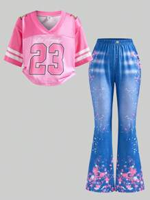 SHEIN Teen Girls' Letter Print Short Sleeve T-Shirt And Flared Jeans-Look Pants Set, Summer