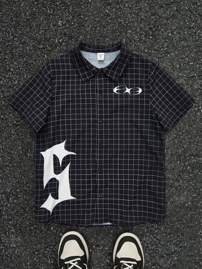 SHEIN Tween Boy Plaid Letter Print Short Sleeve Polo Collar Loose Long Sleeve Shirt, Suitable For Commuting, School, Casual, Sports, Autumn/Winter Back To School Clothes