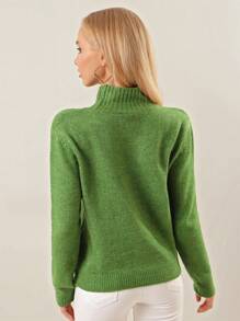 RueChic Solid High Neck Drop Shoulder Sweater - Green - View 2