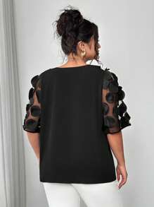 Elenzga Plus Size Women Plus Size Sheer Mesh Splice Puff Sleeve Solid Ruffled V-Neck Blouse, Summer - Black - View 2