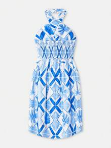 Maija Vestido corto de verano casual de estilo playero, sin mangas con cuello cruzado, de sensación de lino y estampado floral azul, favorecedor y versátil - Azul - Ver 8