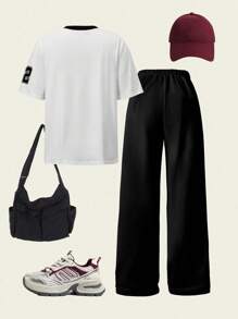 SHEIN Explorewe Conjunto informal de dos piezas de pantalones deportivos de pierna ancha y blusa de manga corta y cuello en V con estampado digital para chica universitaria - Multicolor - Ver 2