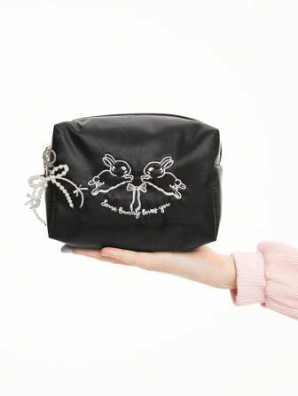 Kawaii Modelo: 336027 Bolsa de cosméticos para mujer con bordado de conejo y lazo, billetera multifuncional, organizador de artículos de tocador de viaje, regalo para dama de honor, regalo para madre, regalo de cumpleaños, con adornos colgantes de perlas