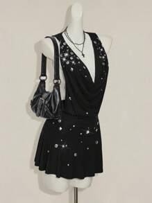 SHEIN ICON 闪亮连帽连衣裙 A 字性感迷你连衣裙，适合音乐节、派对和休闲日常穿着秋季女装 - 黑色 - 查看 3