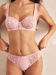 Charlaine 2 件浪漫优雅 1/2 罩杯钢圈半罩杯性感文胸套装，带仿珍珠、花卉蕾丝荷叶边细节、三角形性感内裤，粉色 - 粉色 - 查看 6