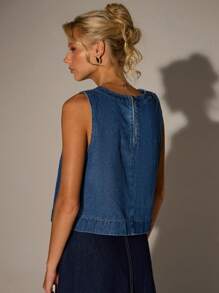 SHEIN Forever 21 Women's Fall& Winter Formal/Back To School/Halloween/Wedding Guest/Vacation/Y2k/Beach /Cute/Teacher/Going Out/Business Casual/Elegant/Birthday/Office/Country Concert/Club Sexy/Western/Work/Streetwear/Vintage/Festival/Cocktail/Rave/Prom/Hawaii/Airport/Funny/Basic/Brunch/2000s Style/Old Money Style/Church/Homecoming/Classy/Party/Modest/Date Night/Cowgirl/Back Zipper Sleeveless Denim Top - Royal Blue - View 2