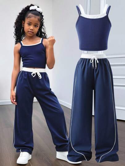Sparklyn Tween Girls Casual Basic Sports Street Style Everyday 2 In 1 Camisole+Colorblock Loose Pants Set