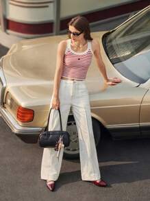 Muvela Sleeveless Red Striped Knit Top For Women Spring/Summer Must-Have Items: Retro Preppy Style, Back-To-School Outfits, Commuting, Office Wear, Afternoon Tea - Red - View 3