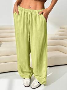 Solflare Women Plus Size Loose Lime Green Woven Long Pants - Lime Green - View 4