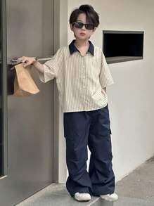 Dazy Kids 3 件套青少年男童秋季服装包括：条纹翻领拼色短袖衬衫 + 裤子套装、加大码幼儿男童、返校服装 - 彩色 - 查看 5