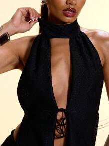 MUSERA Textured High Neck Asymmetric Open Back Tie Front Top Vacation Holiday Festival Ibiza Boho Sexy Club Rave Aftershow Cute Birthday Going Out Club  Party - Black - View 2