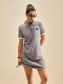 SHEIN Unity Vestido de punto holgado de manga corta, cuello polo, informal y suelto para verano, temporada de graduación - Gris - Ver 1