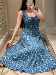 DAZY Ditsy Floral Ruffle Collar Cinched Waist Sleeveless Women Nightgown Pajama - Blue - View 3