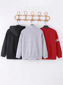 SHEIN Leap Crew 3 件套儿童/青少年男童休闲运动拼布宽松套头连帽衫套装，3 种款式：黑色、灰色、圣诞红，适合通勤、上学、日常休闲、旅行、运动、春季、夏季、秋季、冬季、圣诞节 - 紅色 - 查看 2