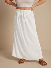 SHEIN PETITE CURVE 大码女式纯色简约抽绳半身裙 - 白色 - 查看 6