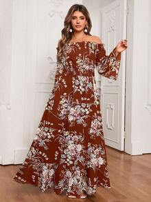SHEIN VCAY Plus Size Off-Shoulder Long Sleeve Floral Print Maxi Dress, Vacation Style - Burnt Orange - View 4