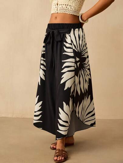 SHEIN VCAY Plus Size Women Black Tropical Print Asymmetrical Hem Wide Leg Pants, Summer Holiday Tropical Skirt Long Summer Skirt Hawaiian Skirt Long Beach Skirt Wide Leg Summer Pants,Vacation Vacay Beach Holiday Summer City Break, Boho Chic Boho Style, European Summer Island Vacation Honeymoon Travel Airport Going Out, Country Country Concert Old Money