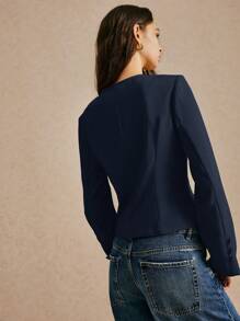 Poéselle Áo khoác blazer buộc dây màu trơn tay dài thường ngày cho nữ, trang phục công sở, thường ngày, mùa thu/đông - Màu xanh hải quân - Xem 9