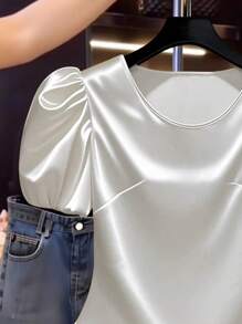 Franclia Women Solid Color Casual Satin Balloon Sleeve T-Shirt