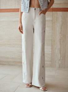 MOTF PREMIUM GUIPURE LACE INSERT SLANT POCKET WIDE LEG JEANS