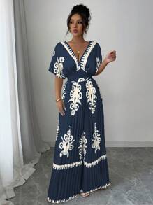 Elenzga Bộ đồ liền thân in họa tiết tay loe cổ chữ V sâu nhún bèo cho kỳ nghỉ dành cho nữ - Màu xanh hải quân - Xem 5