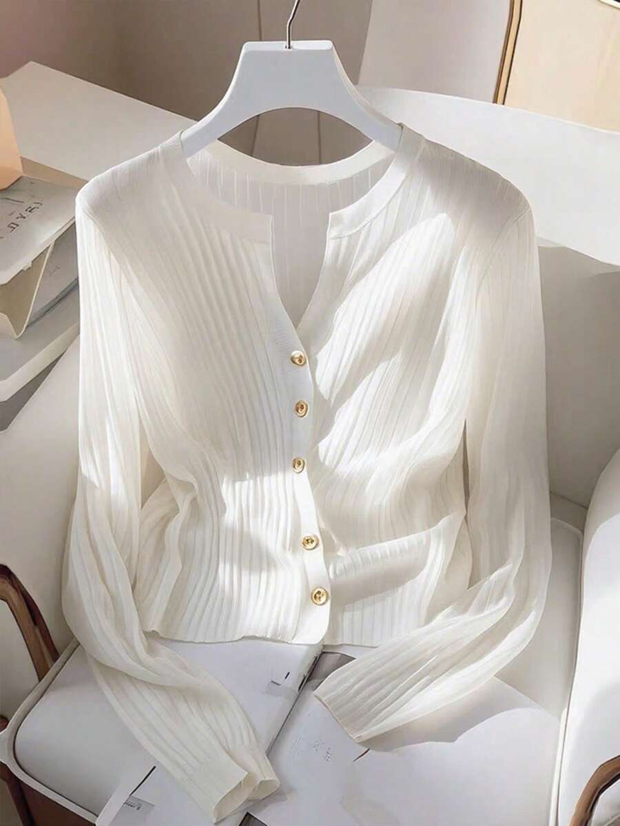SHEIN Franclia New Slim Fit Chic Short Casual Lightweight Cardigan For Women, Suitable For Spring/Autumn All White Knitted Sweater Clothes For University Fall Winter Cloth For Women - White - View 1
