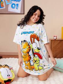 GARFIELD | SHEIN Plus Size Letter & Cartoon Print Okrągły Dekolt Krótki Rękaw Koszula Nocna