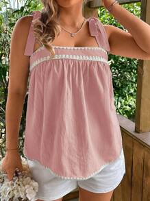 SHEIN VCAY Top casual estivo con scollo quadrato, senza maniche, con lacci sulle spalle e bordi in pizzo a contrasto per taglie forti