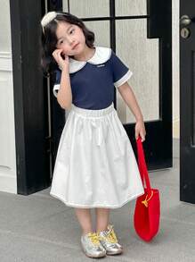 DAZY Young Girls POLO Collar Colorblock Korean-Style T-Shirt And Solid Color Skirt 2 Pieces Set,Girls Summer Outfits - Blue - View 4