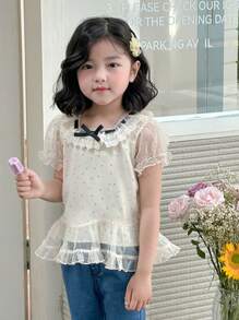 DAZY 少女网眼波尔卡圆点蝴蝶结短袖衬衫 - 杏色 - 查看 3