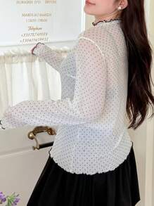 Dazy Plus Plus Size Women Contrast Color Patchwork Stand Collar Mesh Polka Dot Top Sheer Blouse T-Shirt