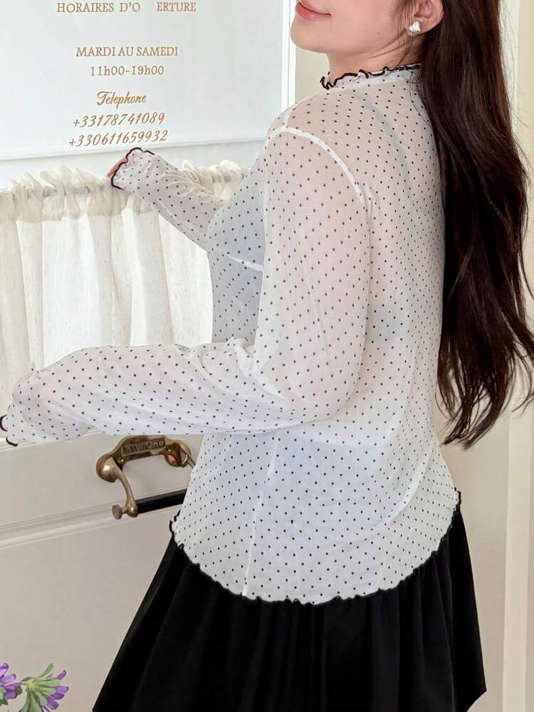 Dazy Plus Plus Size Women Contrast Color Patchwork Stand Collar Mesh Polka Dot Top Sheer Blouse T-Shirt