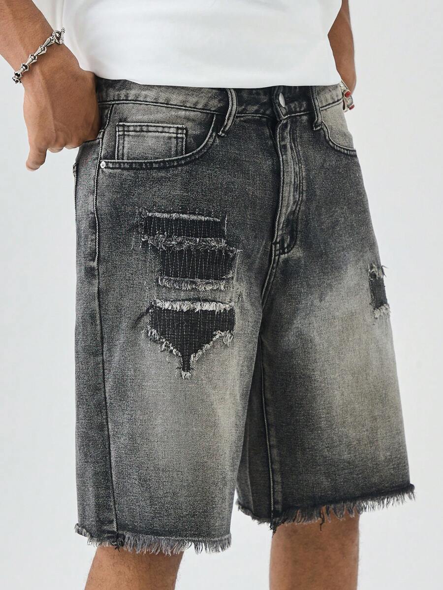 Manfinity EMRG Men's Distressed Black Denim Shorts Raw Hem Ripped Detailing And Avant-Garde Street Style - Black - View 1