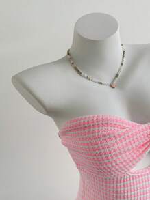 Elamini 条纹针织纹理罗纹扭纹镂空镂空修身露背迷你连衣裙，休闲假日海滩优雅婚礼季节日常派对街头约会百搭甜美可爱女士夏季 - 粉色 - 查看 6