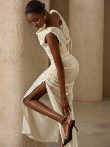 Aveloria Rosie Brown Cut-Out Front & Back V-Neck Fitted High Slit Sleeveless Midi Dress