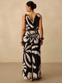 Travachic Plus Size Tropical Print Jumpsuit, Casual Resort Style - Black - View 2
