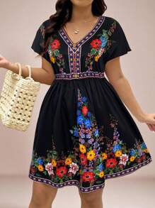 SHEIN VCAY Plus Size Batwing Short Sleeve V-Neck Floral Print Dress Embroidered Mexican Festival Wildflower - Black - View 4