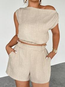 Firerie 2pcs Plus Size Women Linen Color Asymmetrical Shoulder Ruched Blouse And Shorts Set, With Pockets, Lightweight, Comfortable, Fit For Spring/Summer/Autumn, Suitable For Commute, Elegant, Casual, Beach, Bohemian, Hawaii,Two Piece Set Women