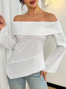 Modelyn Blusa de verano con hombros descubiertos, textura estriada y asimétrica para mujer - Blanco - Ver 5