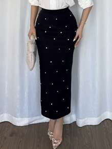 Modelyn Women's Studded Slim-Fit Elegant Pencil Skirt, Fashion Bodycon Hem For Spring/Summer