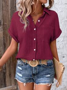 EMERY ROSE Blouse décontractée pour femme de couleur unie, à manches courtes et simple avec boutons - Rouge foncé - Voir 6